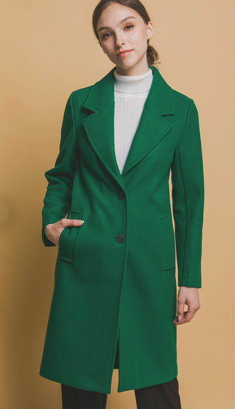 Sarena Long Lapel Button Coat- Green