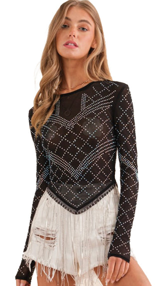 Broadway Girls Stretch Mesh Rhinestone Fringe Top- Black