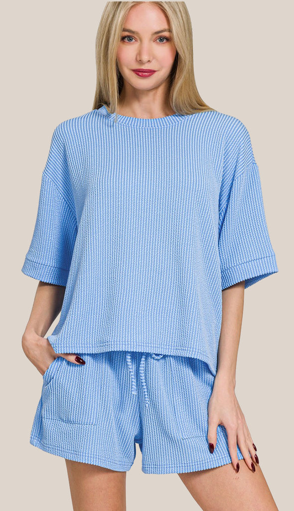 Everyday Girl Corded Ribbed Tee And Short Set- Candy Pink