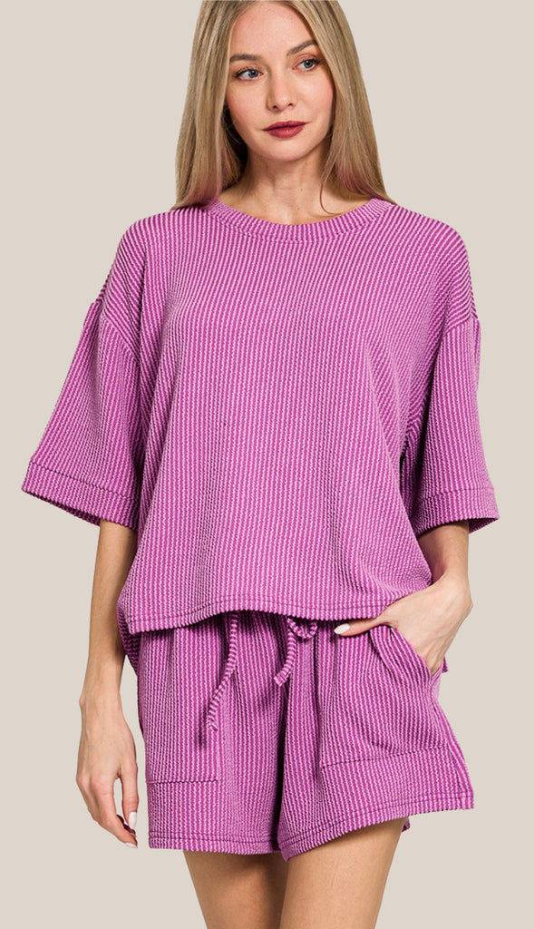 Everyday Girl Corded Ribbed Tee And Short Set- Cornflower Blue