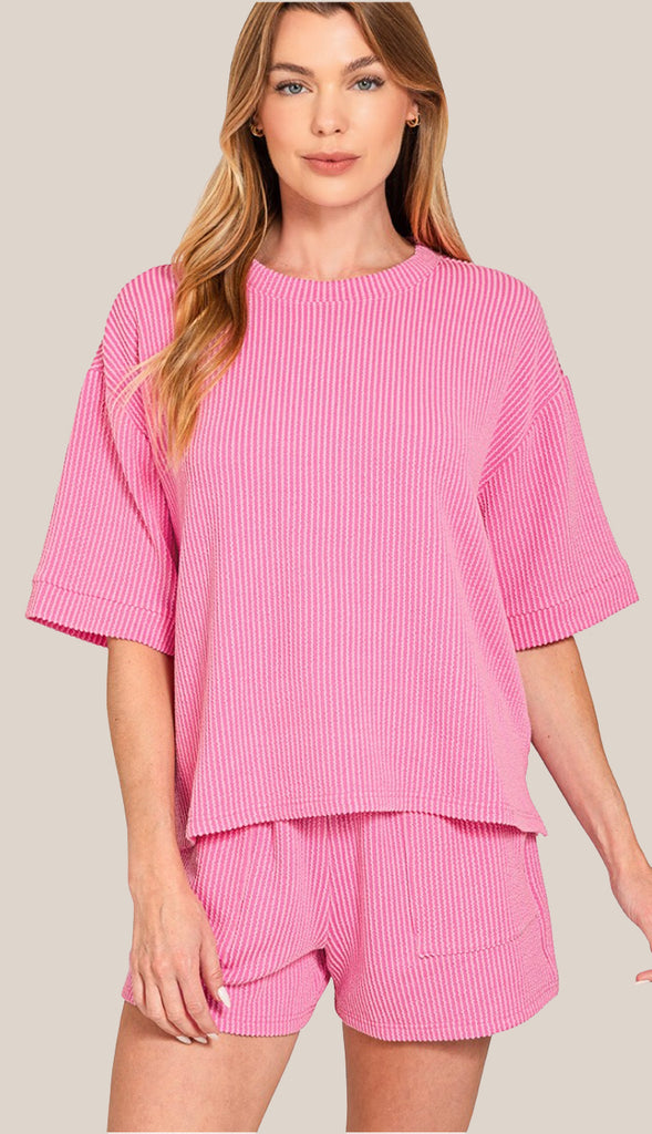 Everyday Girl Corded Ribbed Tee And Short Set- Candy Pink