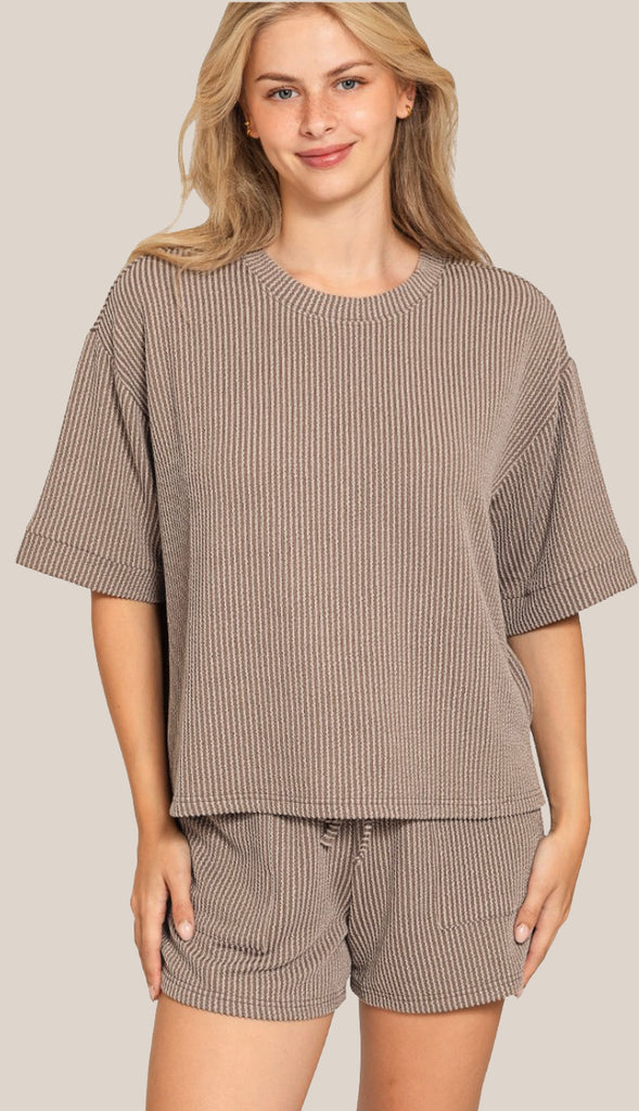 Everyday Girl Corded Ribbed Tee And Short Set- Candy Pink