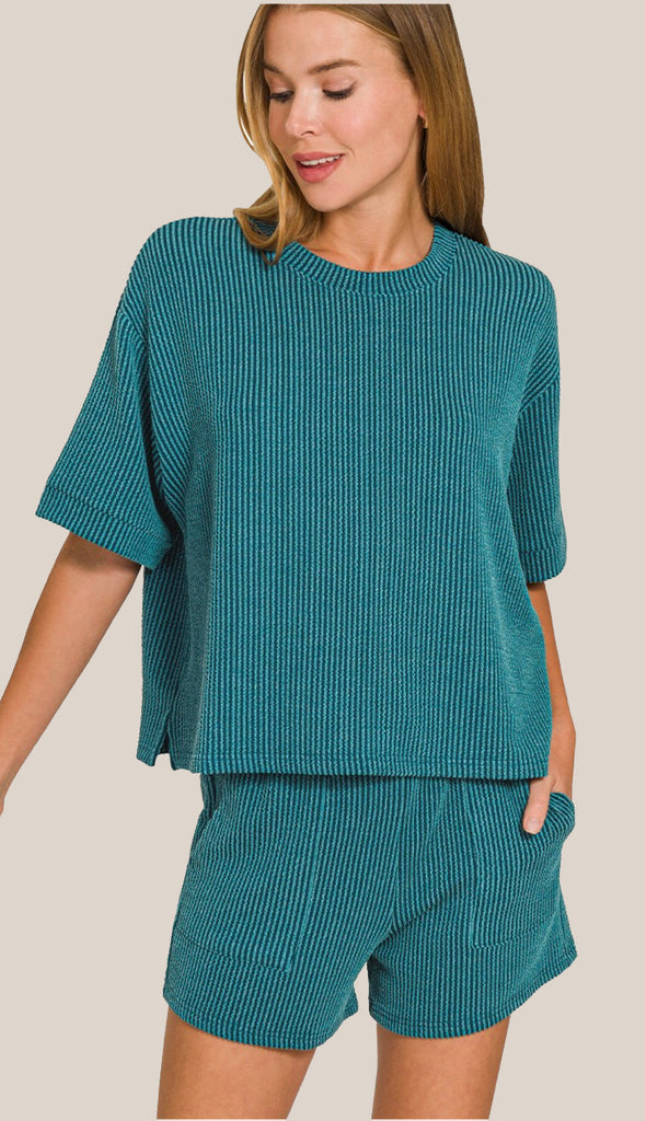 Everyday Girl Corded Ribbed Tee And Short Set- Candy Pink