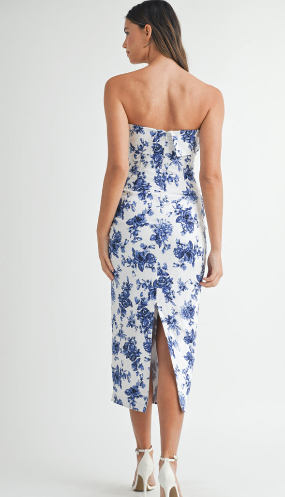 Livia Floral Tube Midi Dress- Blue