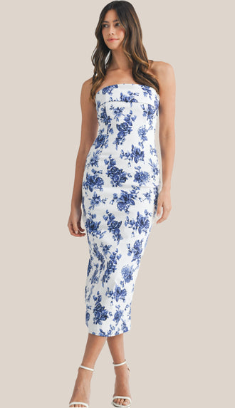 Livia Floral Tube Midi Dress- Blue