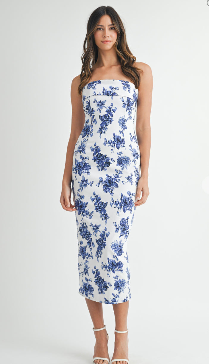 Livia Floral Tube Midi Dress- Blue Livia Floral Tube Midi Dress- Blue