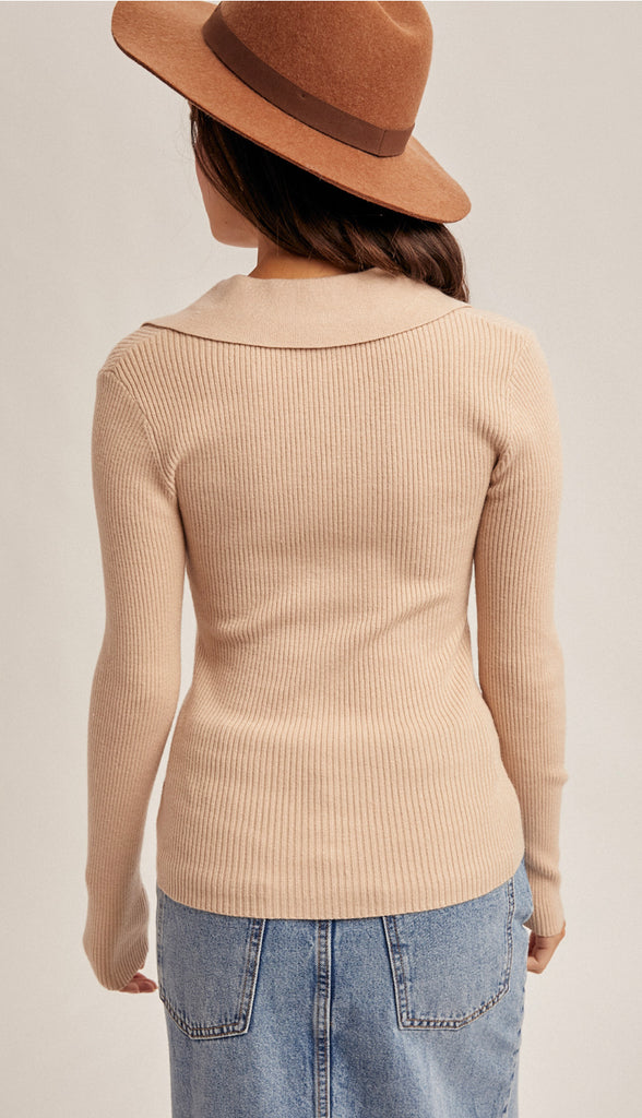 Lana Front Twist Collard Sweater Knit Top- Brown