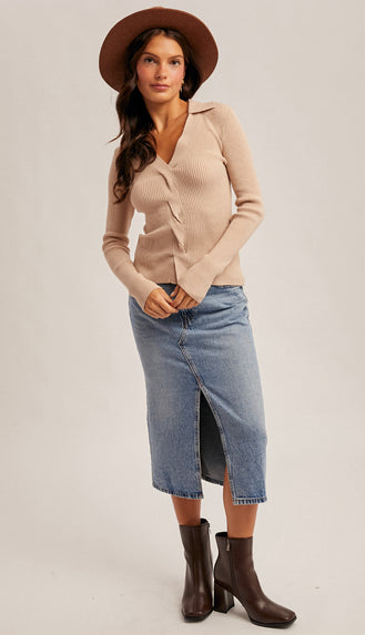 Lana Front Twist Collard Sweater Knit Top- Taupe