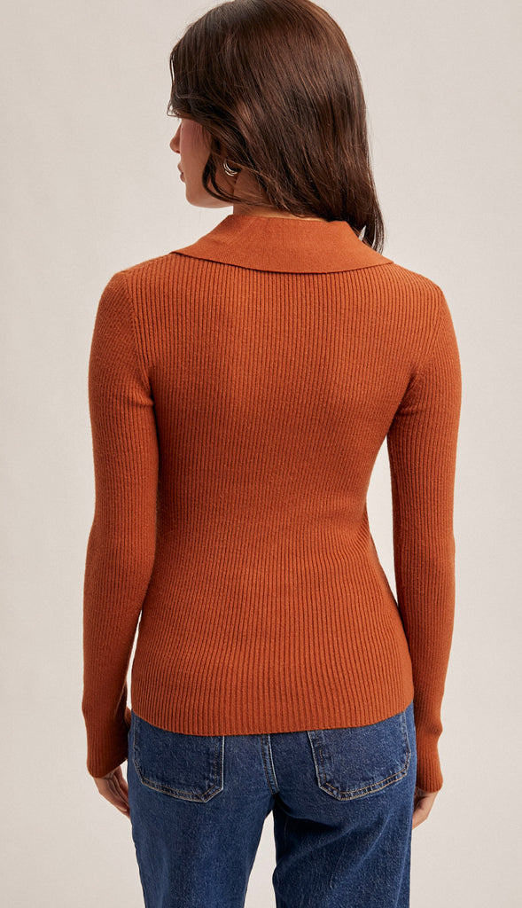 Lana Front Twist Collard Sweater Knit Top- Brown