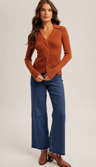 Lana Front Twist Collard Sweater Knit Top- Brown