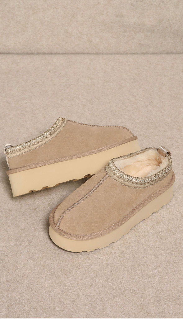Fur Lined Platform Slipper Boots- Sandstone