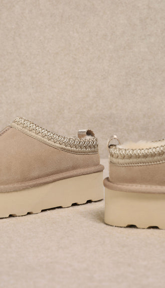 Fur Lined Platform Slipper Boots- Sandstone