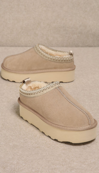 Fur Lined Platform Slipper Boots- Sandstone