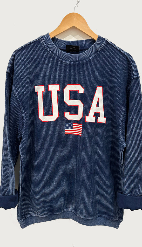 USA Corded Crewneck Sweatshirt- Navy