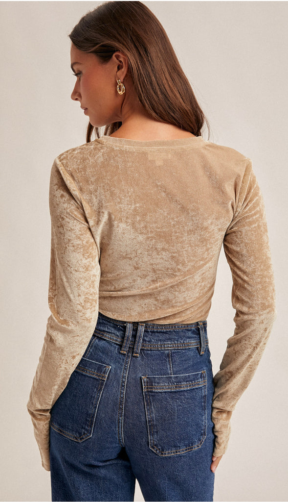 Chic Today Long Sleeve Velvet Mesh Bodysuit- Taupe