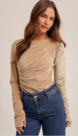 Chic Today Long Sleeve Velvet Mesh Bodysuit- Taupe