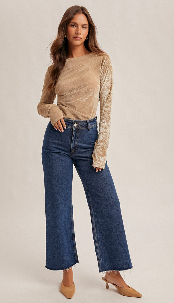 Chic Today Long Sleeve Velvet Mesh Bodysuit- Taupe