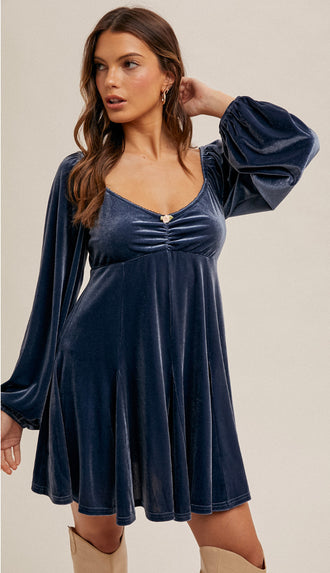 Stunner Velvet Flare Mini Dress- Blue