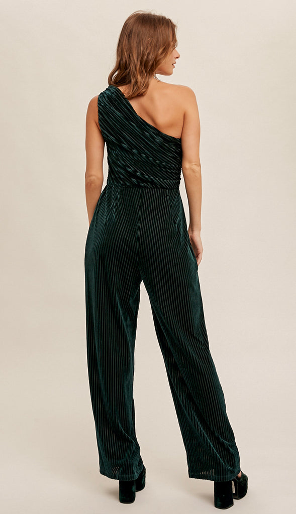 Chasing Dreams Velvet One Shoulder Jumpsuit- Sea Green