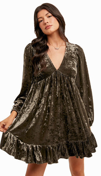 Deepest Desire Velvet Babydoll Dress- Olive