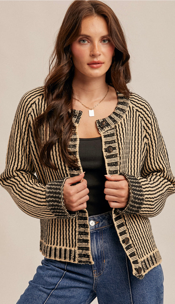 Vertical Stripe Two Tone Sweater Cardigan- Taupe/Black