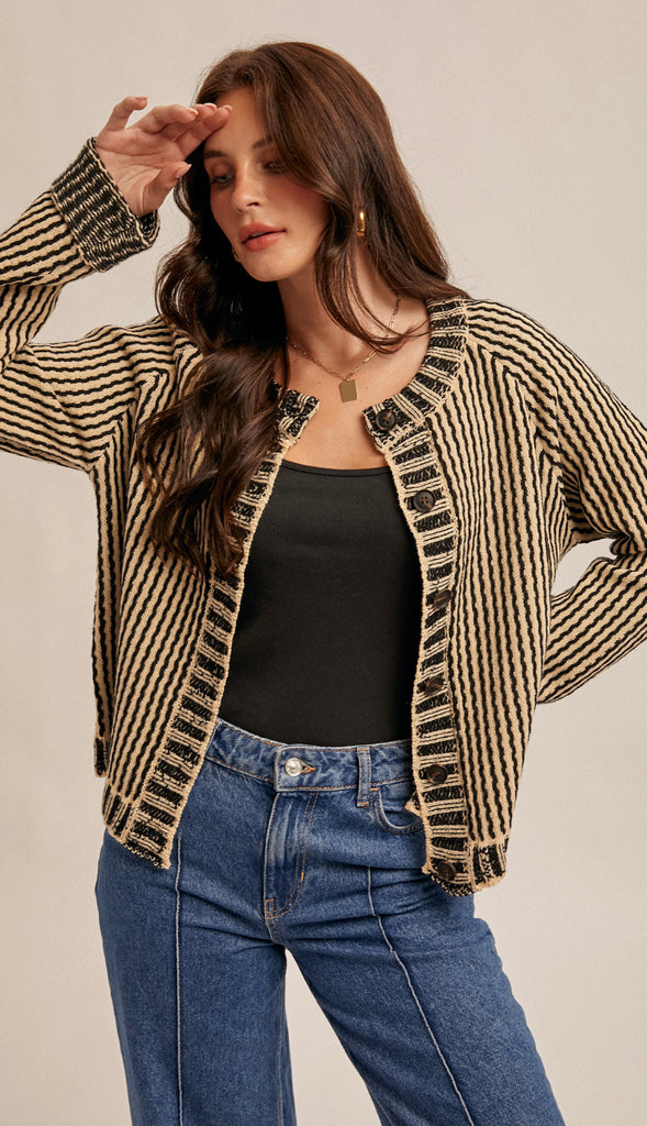 Vertical Stripe Two Tone Sweater Cardigan- Taupe/Black