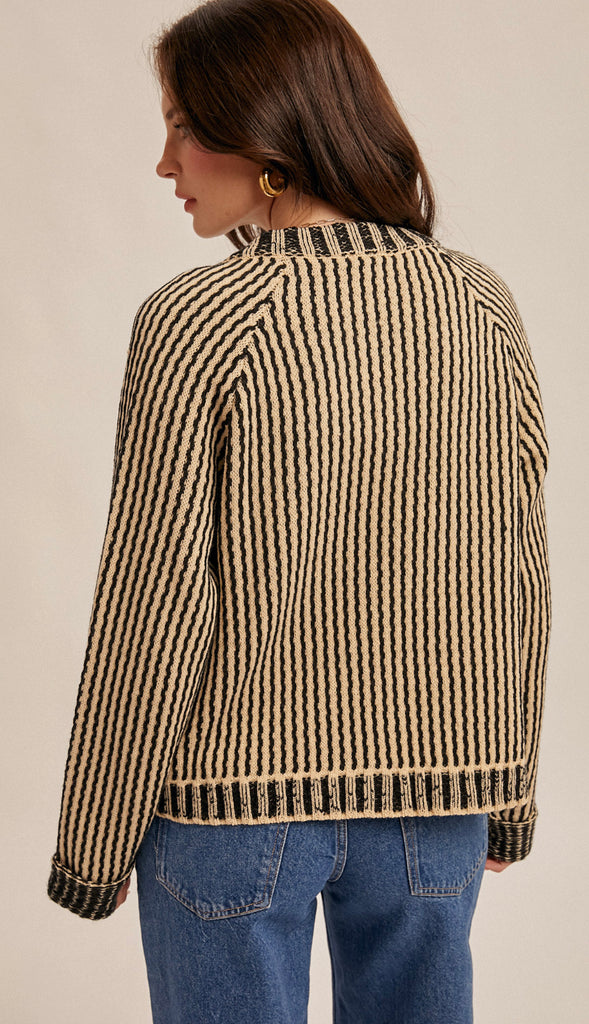 Vertical Stripe Two Tone Sweater Cardigan- Taupe/Black