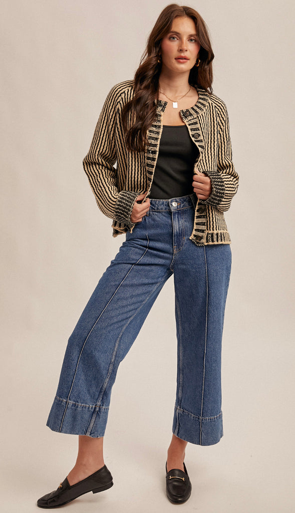 Vertical Stripe Two Tone Sweater Cardigan- Taupe/Black