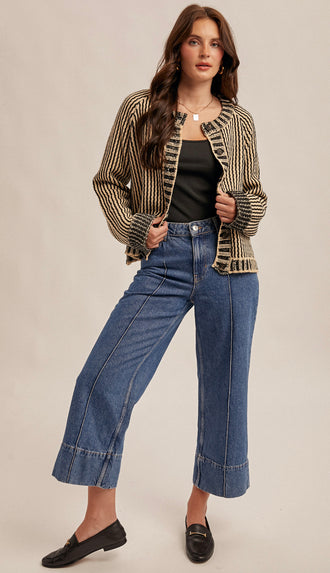 Vertical Stripe Two Tone Sweater Cardigan- Taupe/Black