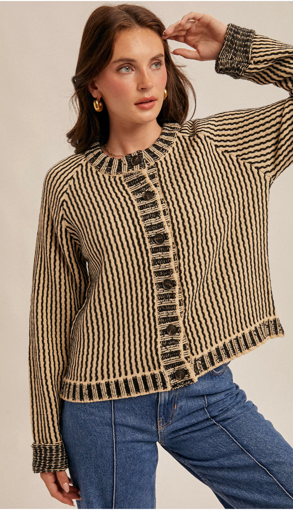Vertical Stripe Two Tone Sweater Cardigan- Taupe/Black