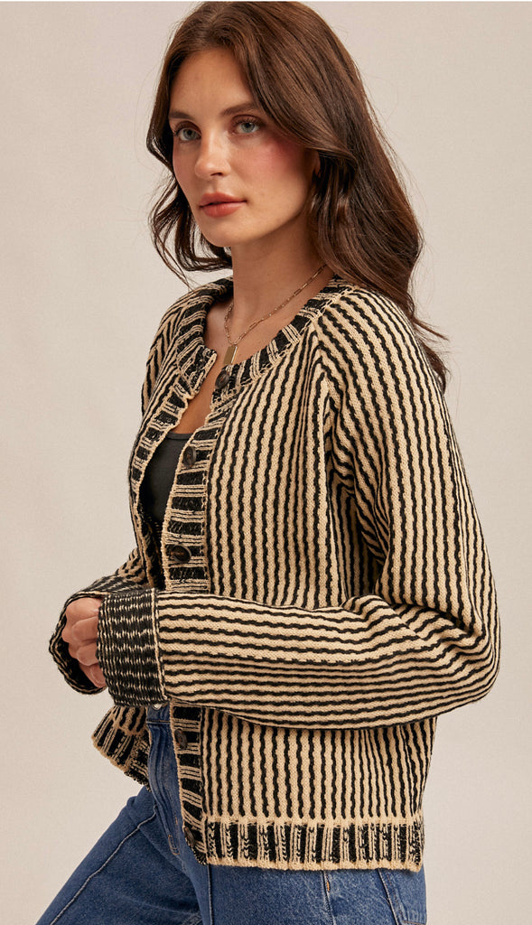 Vertical Stripe Two Tone Sweater Cardigan- Taupe/Black