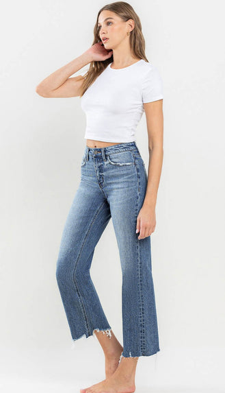 Vervet Victorious High Rise Crop Wide Leg Denim- Med Wash