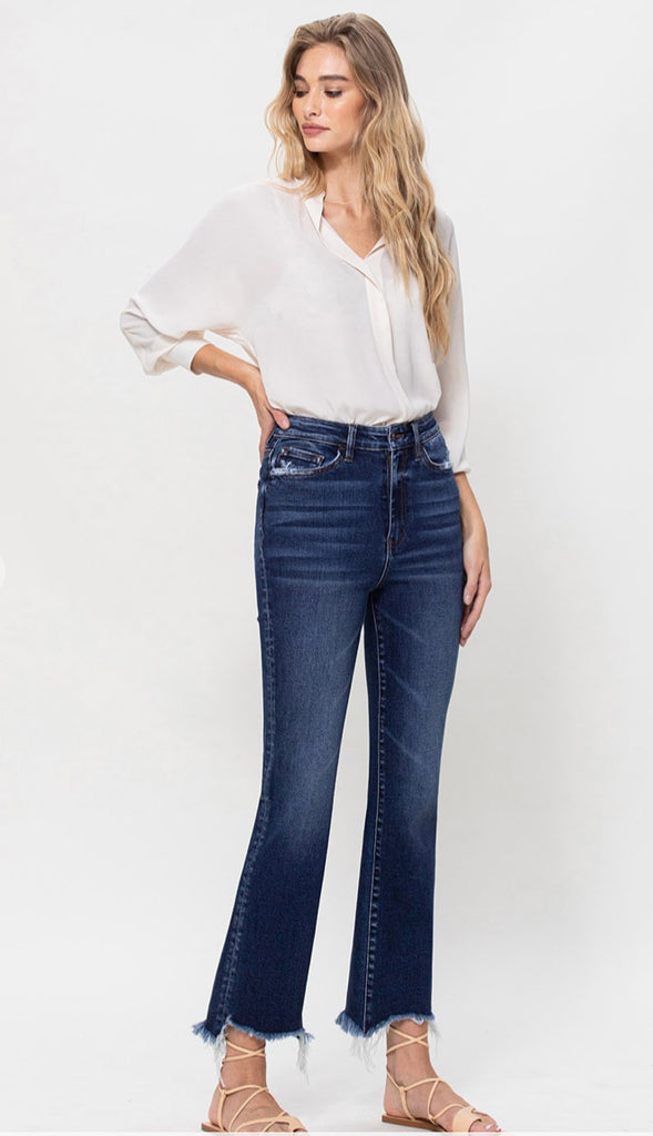 Vervet Chemical High Rise Uneven Frayed Hem- Dark Wash