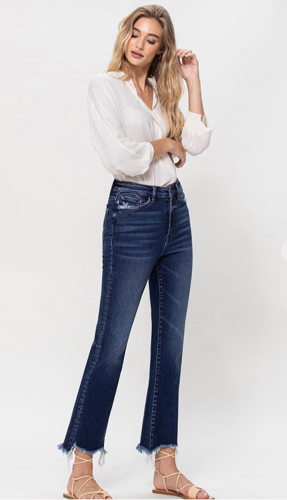 Vervet Chemical High Rise Uneven Frayed Hem- Dark Wash