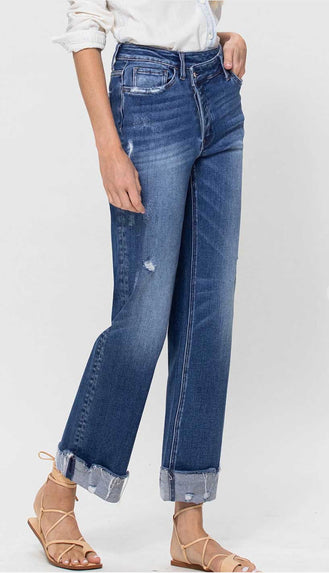 Vervet Jodie Super High Rise Cuffed Ankle 90's Dad Jeans- Dark Wash