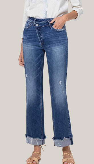 Vervet Jodie Super High Rise Cuffed Ankle 90's Dad Jeans- Dark Wash