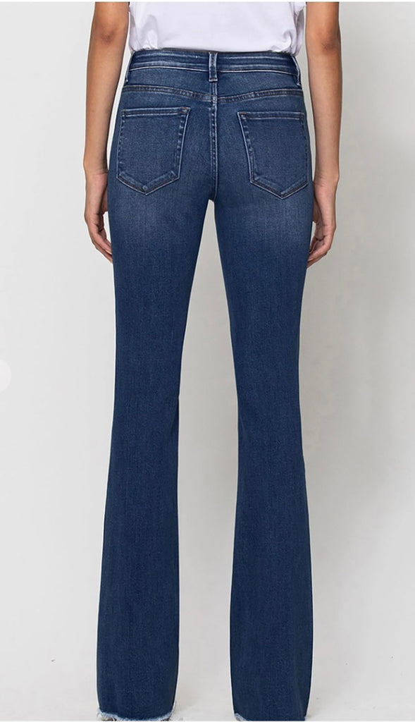 Vervet Witty Mid Rise Raw Hem Flare- Dk Wash