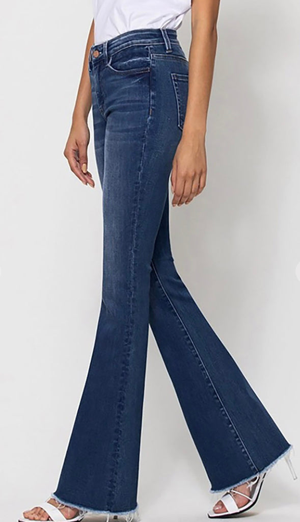 Vervet Witty Mid Rise Raw Hem Flare- Dk Wash