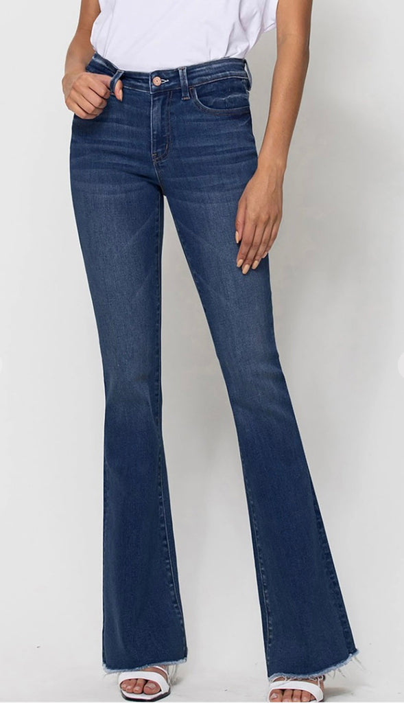Vervet Witty Mid Rise Raw Hem Flare- Dk Wash