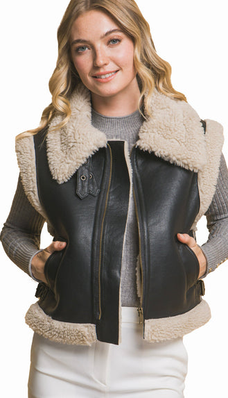 Nova Faux Leather Shearling Vest- Black