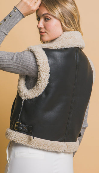 Nova Faux Leather Shearling Vest- Black