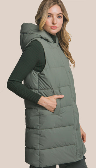 Bringing Warmth Hooded Long Quilted Puffer Vest- Olive