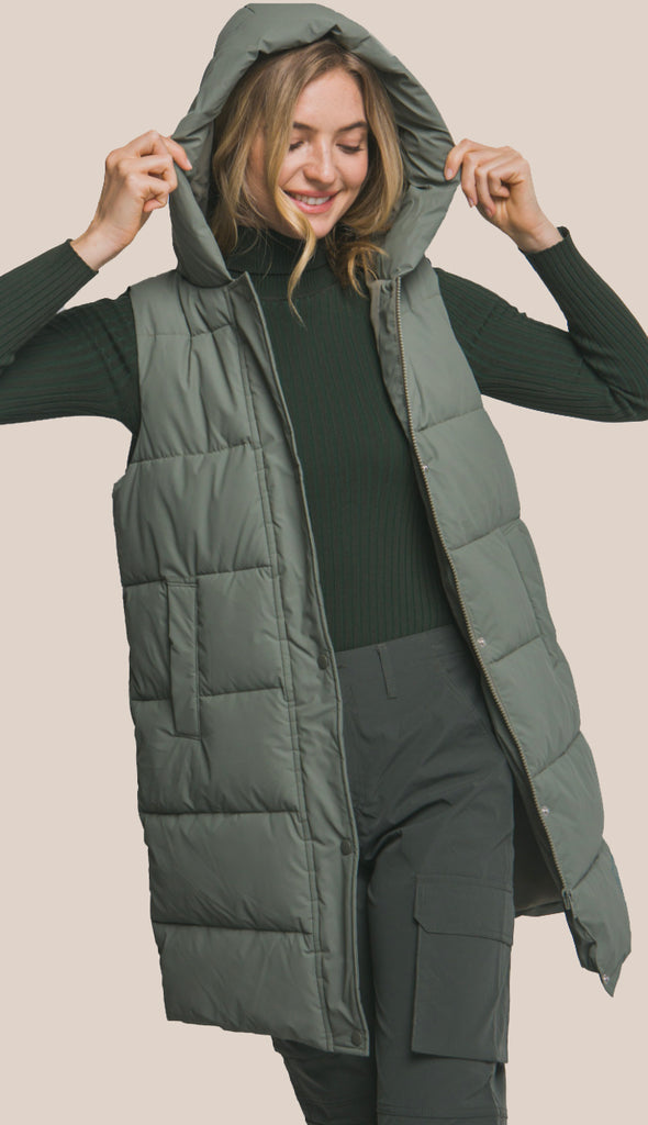 Bringing Warmth Hooded Long Quilted Puffer Vest- Black