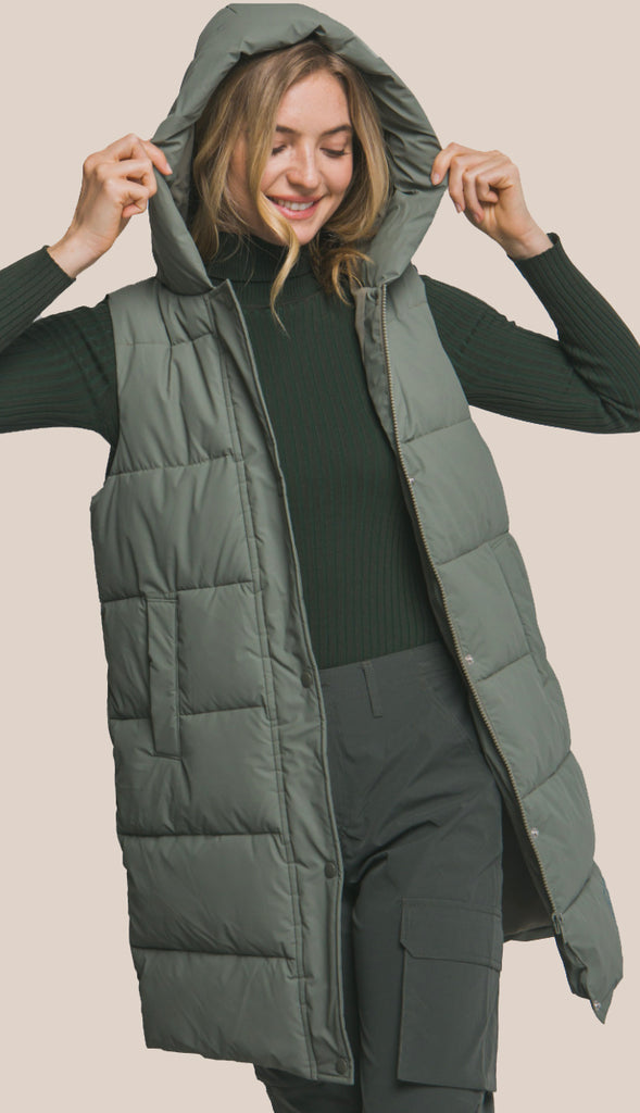 Bringing Warmth Hooded Long Quilted Puffer Vest- Olive