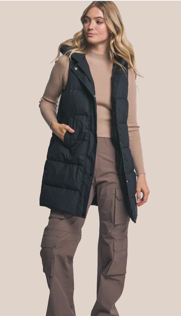 Bringing Warmth Hooded Long Quilted Puffer Vest- Olive