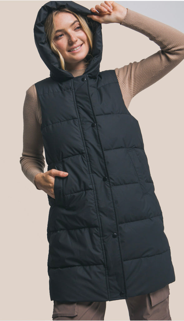 Bringing Warmth Hooded Long Quilted Puffer Vest- Black