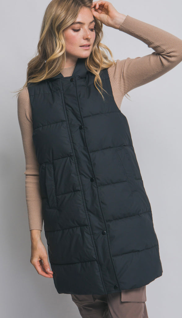 Bringing Warmth Hooded Long Quilted Puffer Vest- Black