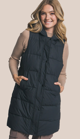 Bringing Warmth Hooded Long Quilted Puffer Vest- Black