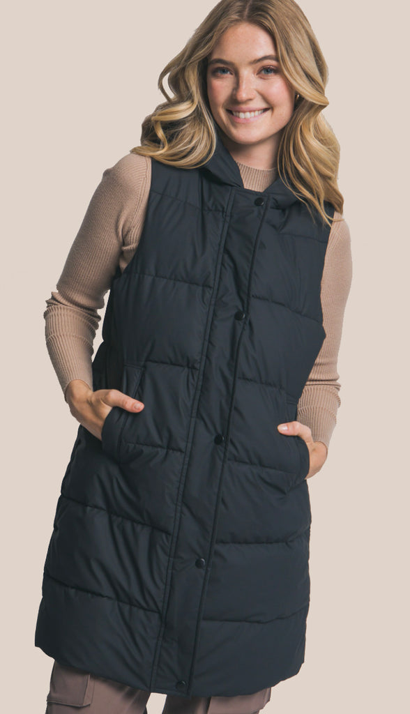 Bringing Warmth Hooded Long Quilted Puffer Vest- Olive