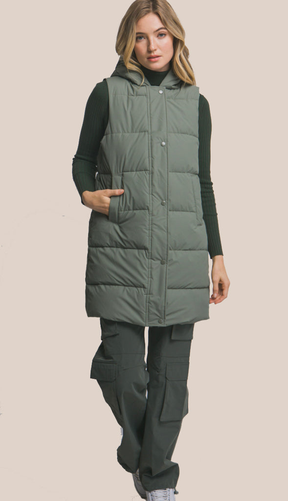 Bringing Warmth Hooded Long Quilted Puffer Vest- Olive
